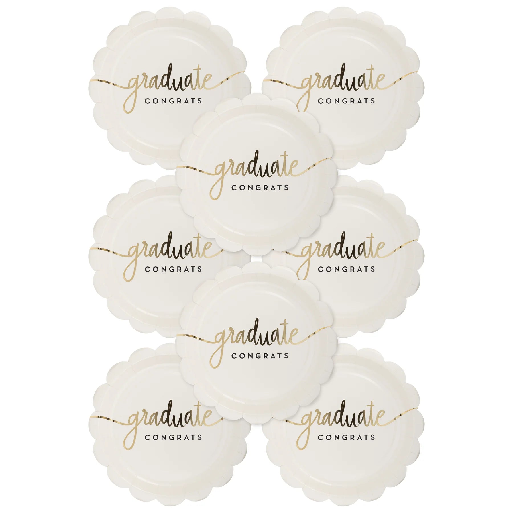 scalloped white with gold script graduate congrats - cocktail plates- pack of 8