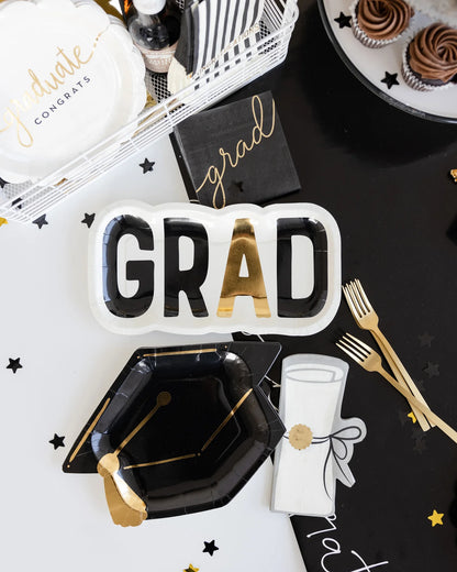 scalloped white with gold script graduate congrats - cocktail plates- pack of 8