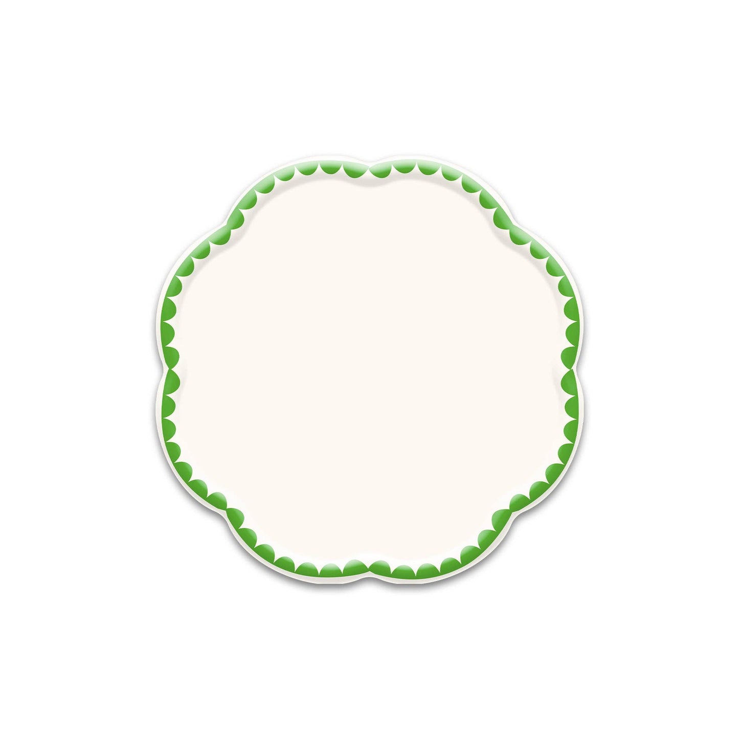 “Green scalloped dessert plate with white centre, ideal for birthdays, showers, and picnics. Sold at our shop and fast shipping Canada-wide.