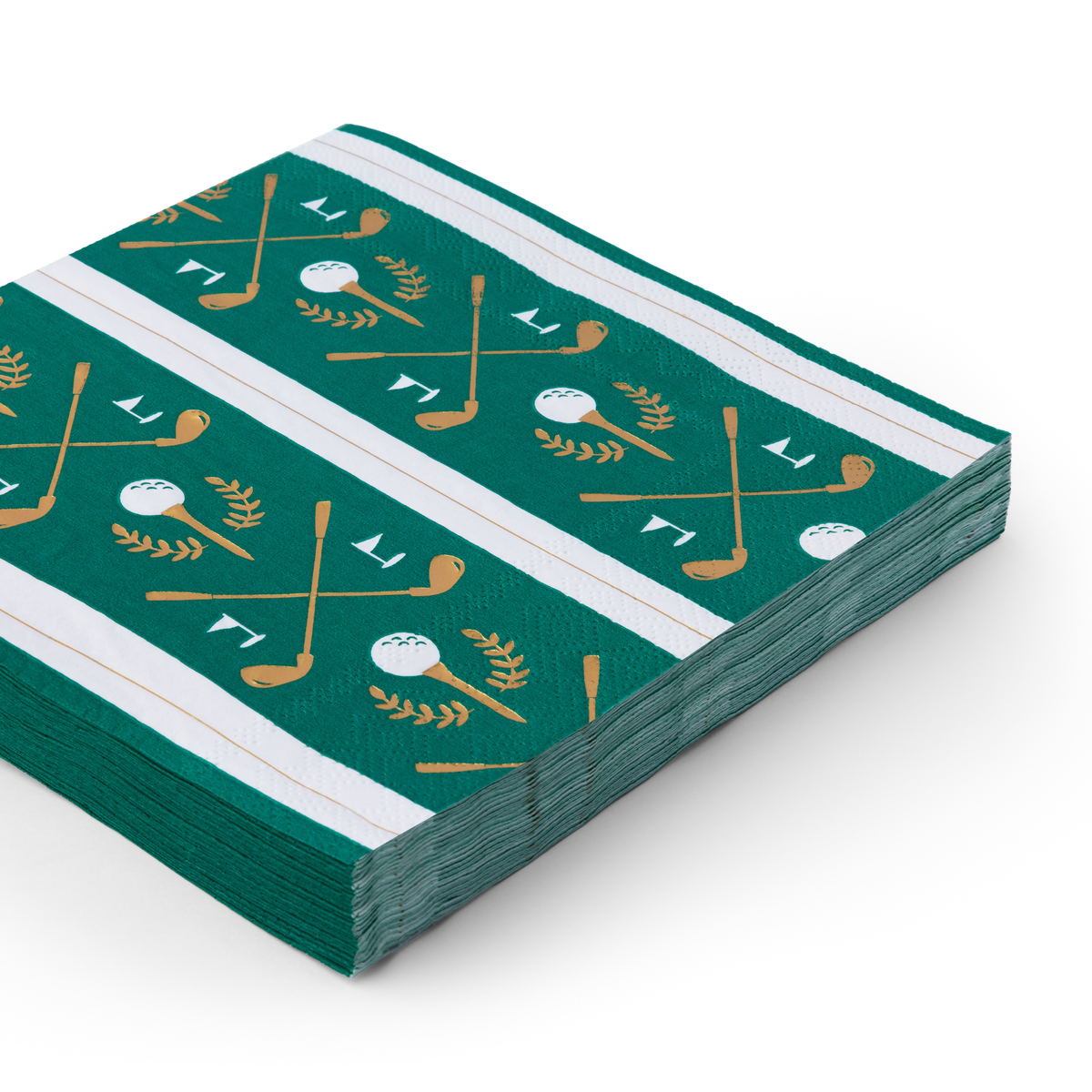 Close-up of green paper golf napkins with gold foil clubs, golf balls and white flag details
