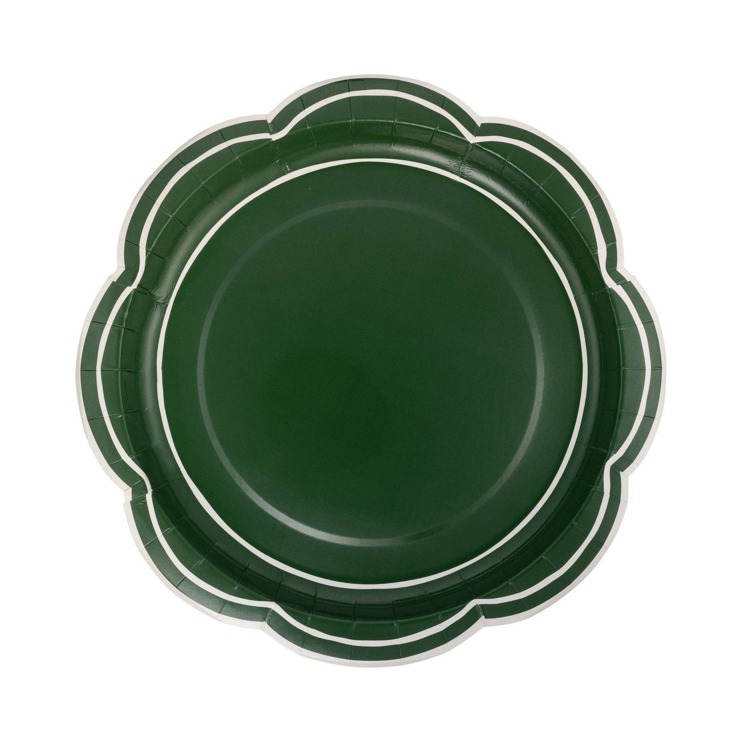 Green scalloped-edge paper plate with cream line border, perfect for elegant holiday dinners and Christmas parties in Toronto.