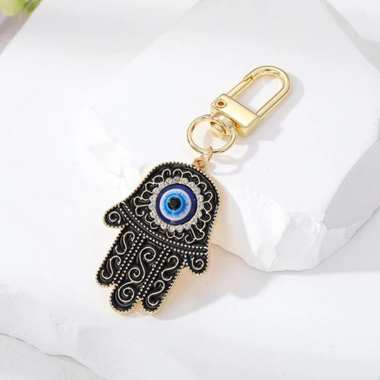 Hamsa Fatima evil eye keychain - with black and gold details 