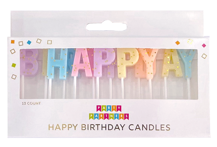 Pack of 13 'Happy Birthday' letter candles in pastel colors with gold confetti, in a white cardboard package with a clear window.