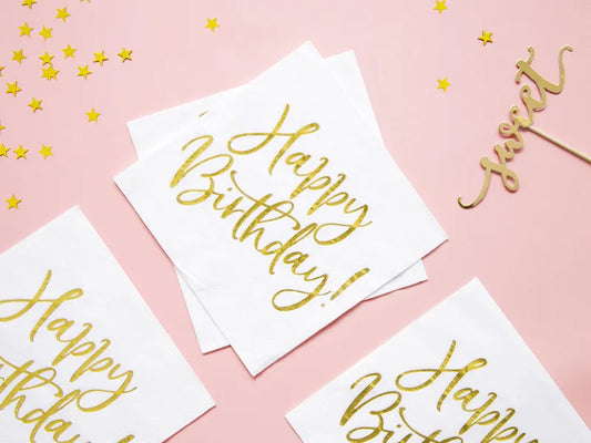 white and gold happy birthday napkins