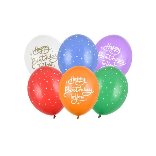 pack of 6 mixed balloons with happy birthday to you illustrations