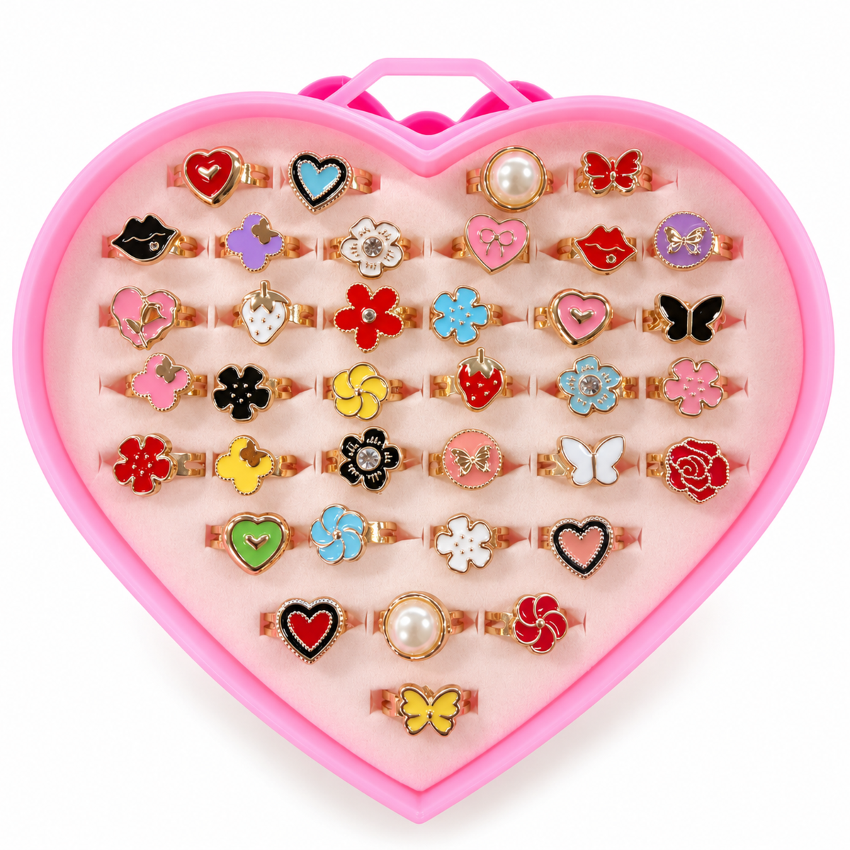 Open pink heart-shaped ring case displaying 36 assorted gold-tone kids' rings with colourful flowers, butterflies, hearts and other playful designs.