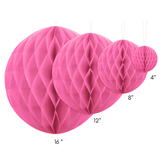 hot pink honeycomb balls in three different sizes