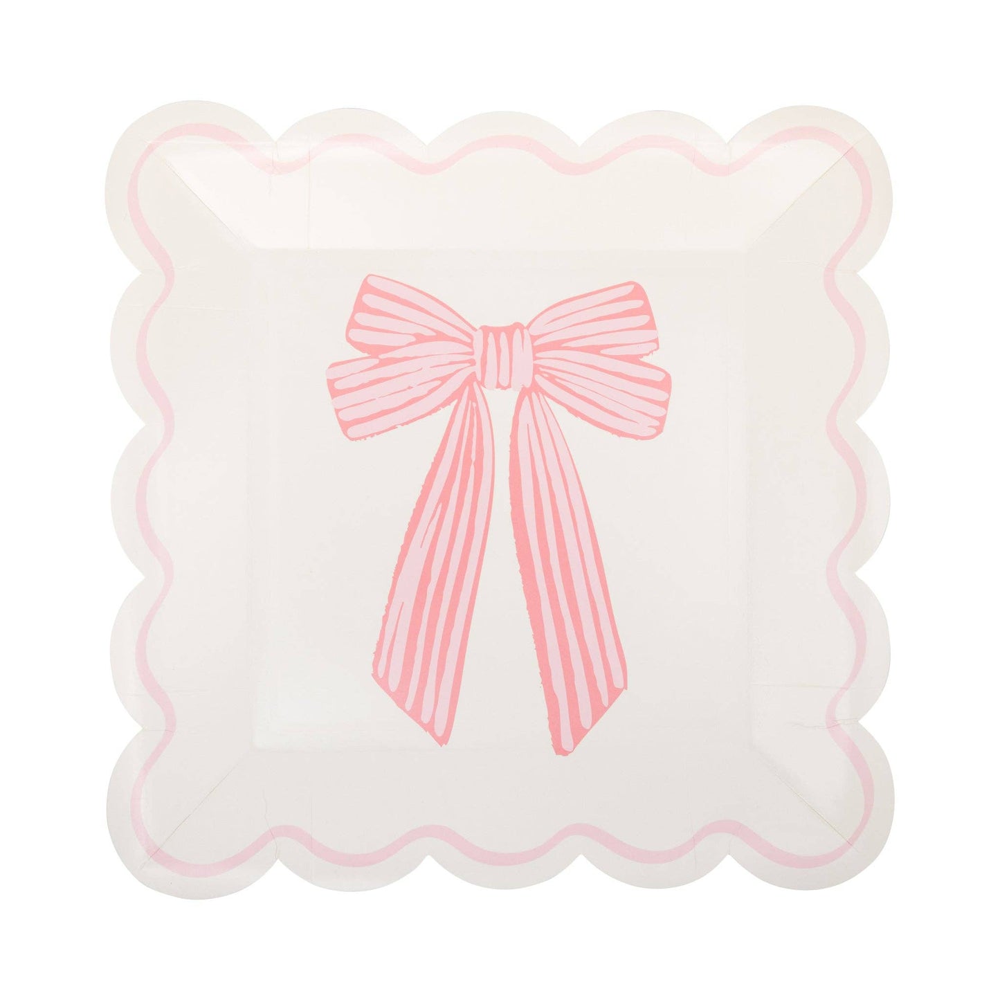 Ivory scalloped dessert plate with pink bow detail, available in Toronto at Confetti My Party