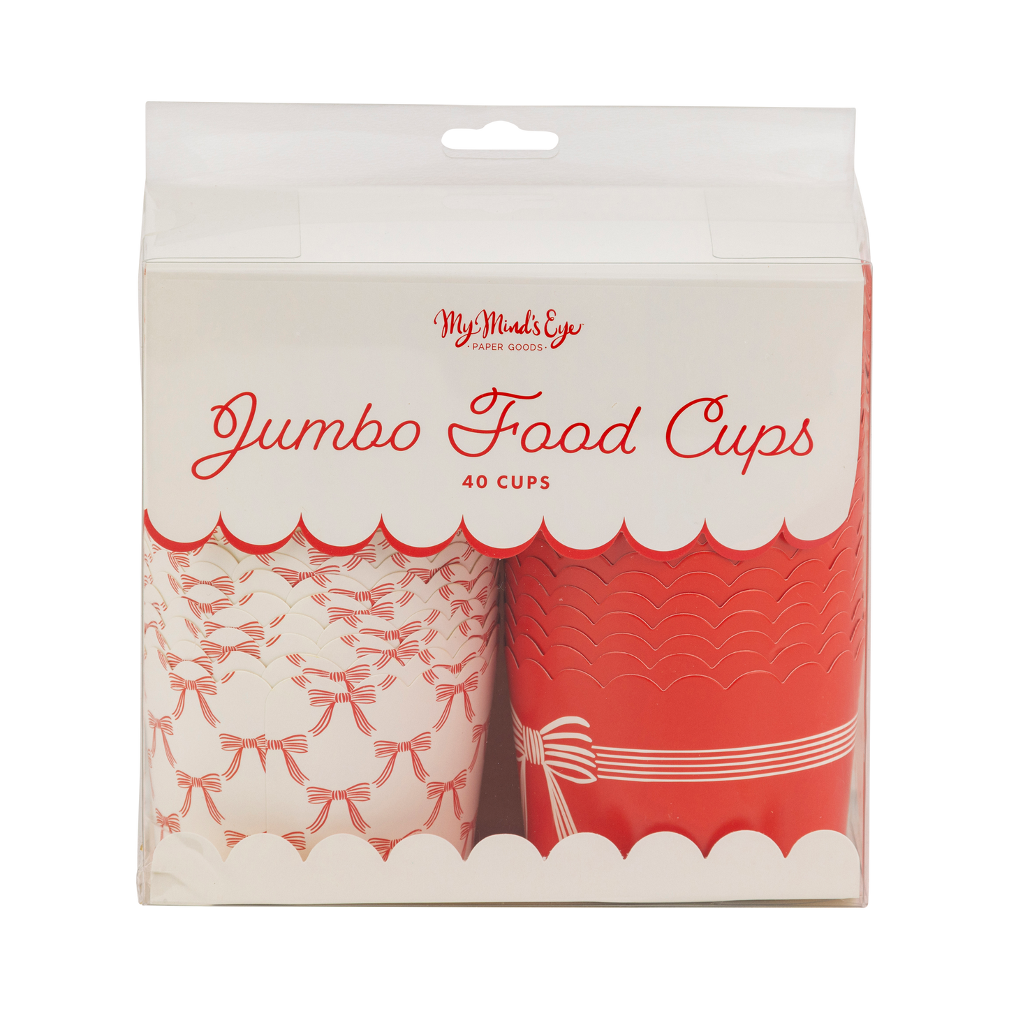 Packaging of jumbo food cups with red and white bow designs on a white background
