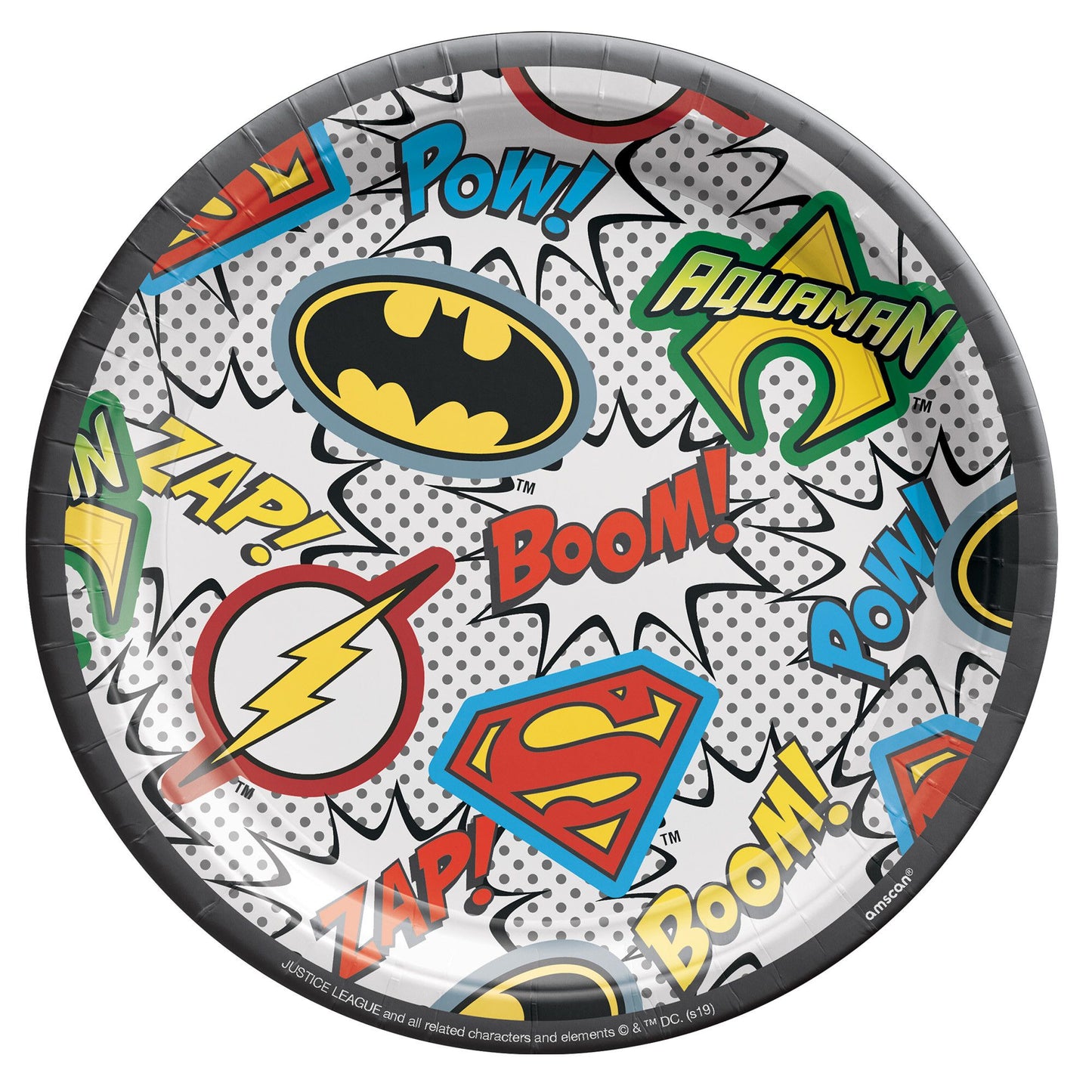 Justice League dessert plates with Batman, Superman, Flash, and Aquaman logos, available in Toronto and shipping across Canada.