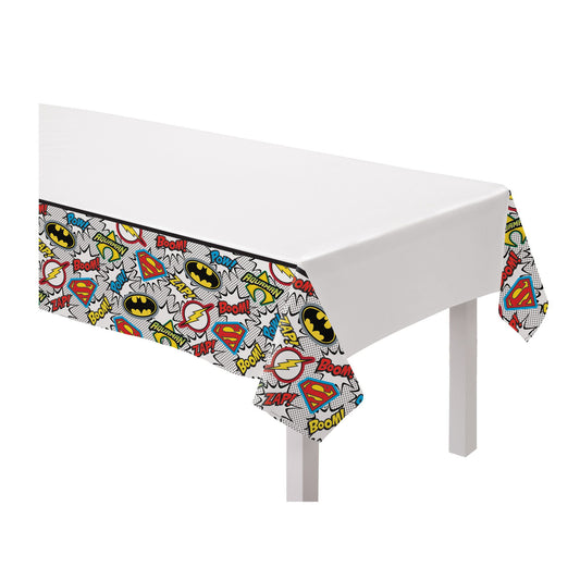 Justice League table cover featuring Batman, Superman, Flash, and Aquaman designs, available in Toronto and shipping across Canada.