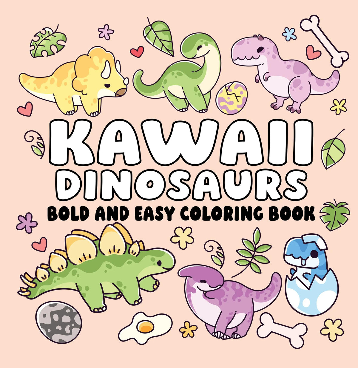 Kawaii Dinosaurs Bold and Easy Colouring Book with peach cover featuring cute colourful dinosaurs, dinosaur eggs and prehistoric illustrations. Pick up in Toronto + Canada-wide shipping available.