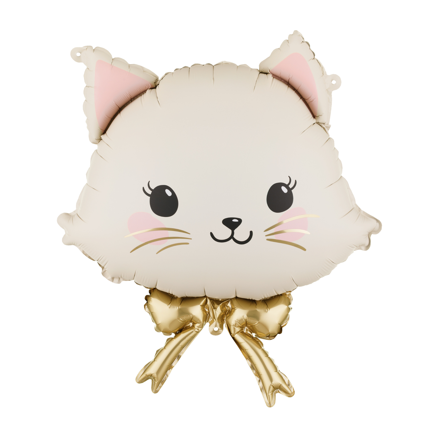 Cat-shaped balloon with pink ears and a gold bow on a white background