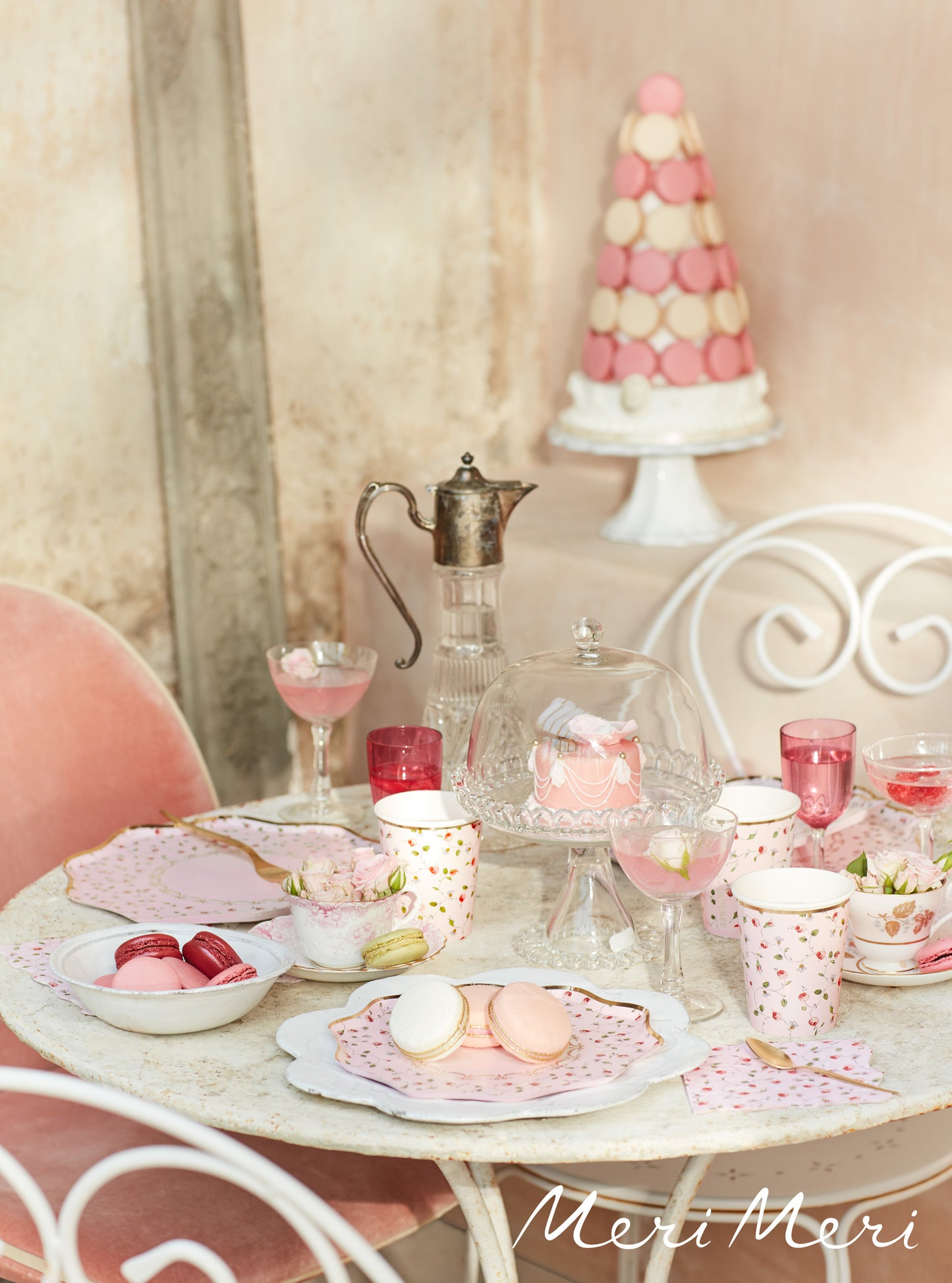 Ladurée Marie Antoinette napkins by Meri Meri styled on a pink tea party table with matching plates and cups, shipping across Canada.