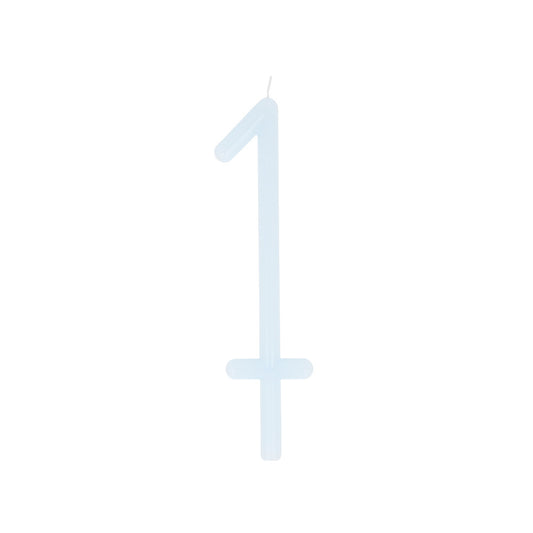 Large slim number 1 birthday candle by Meri Meri in pastel blue, perfect for fist birthday celebrations. Sold in Toronto at Confetti my Party.