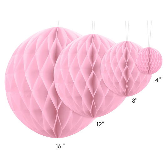 light pink honeycomb balls in three different sizes 8, 12 & 16 inches