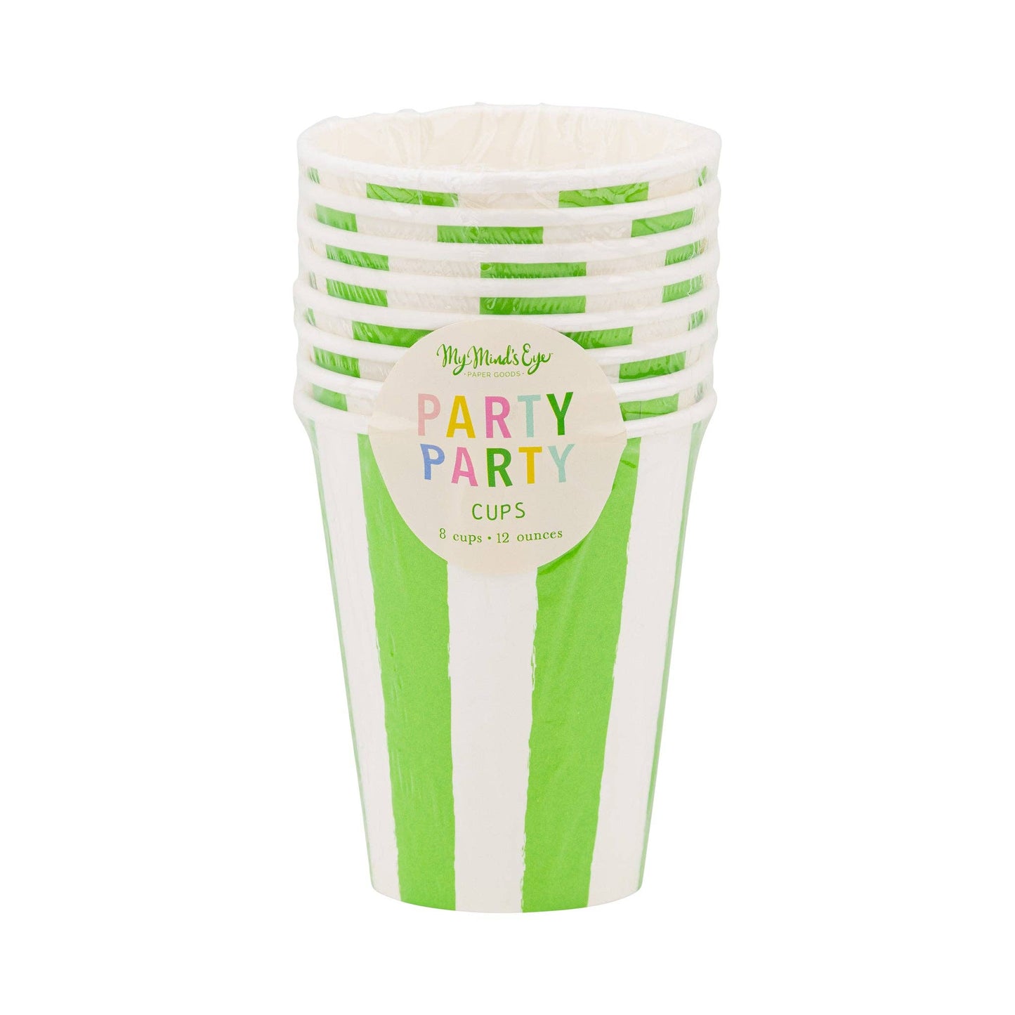 Stack of lime green striped paper cups with colourful label, great for Toronto parties and celebrations.