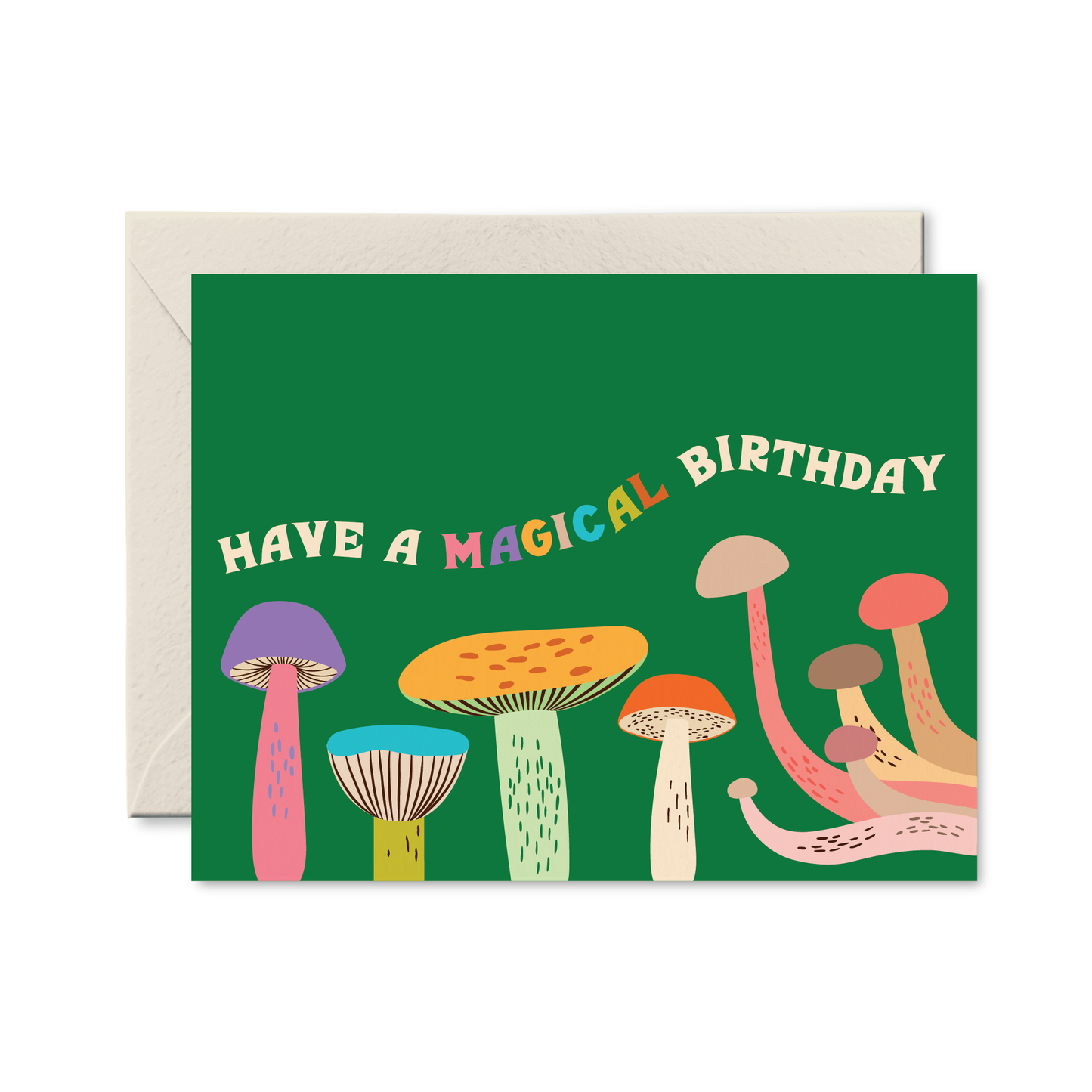 Magical birthday greeting card with colourful mushroom illustrations available at our Toronto party shop