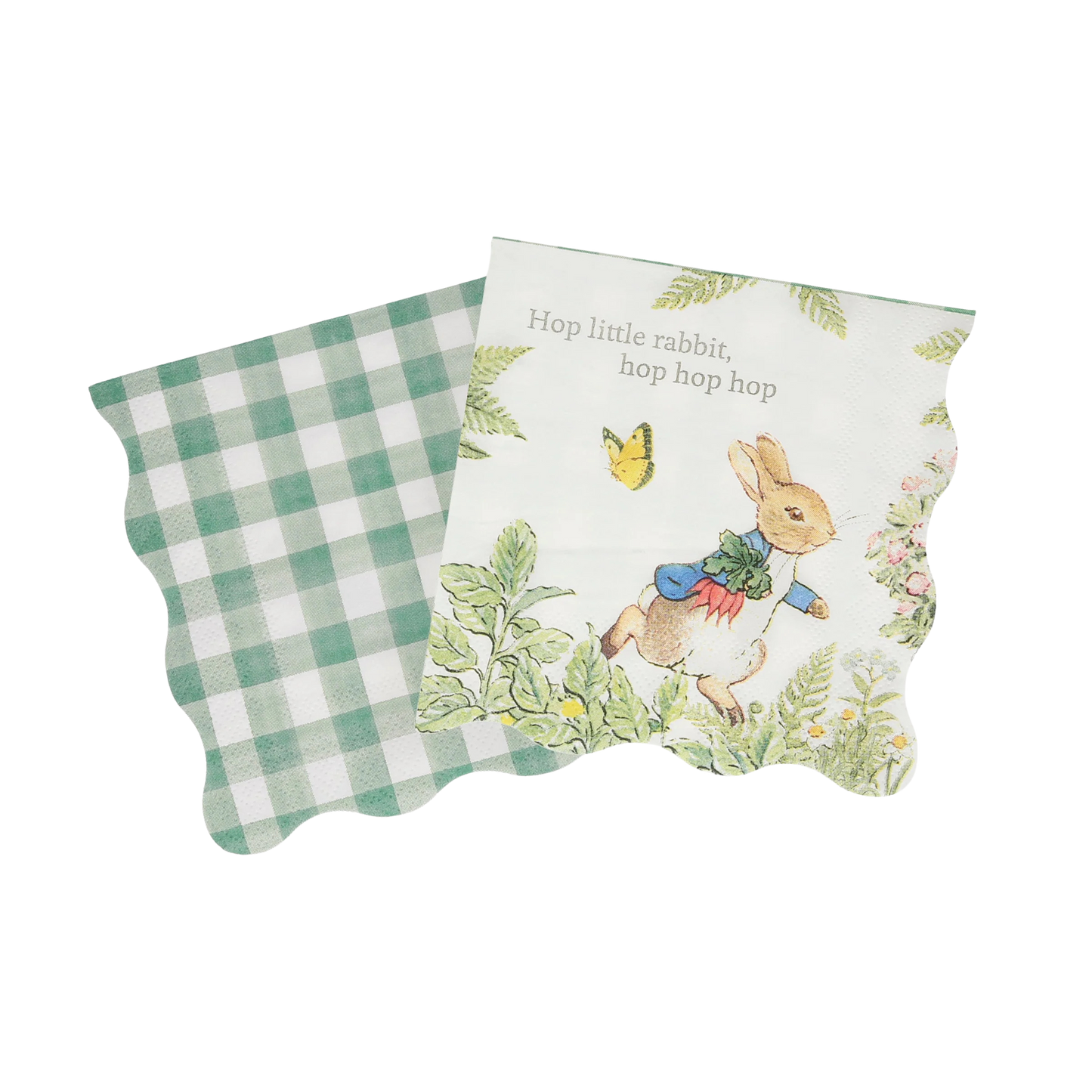 Peter Rabbit in the Garden small napkin by Meri Meri with floral design, scalloped edge, and βHop little rabbit, hop hop hopβ text, sold in Toronto at Confetti My Party.