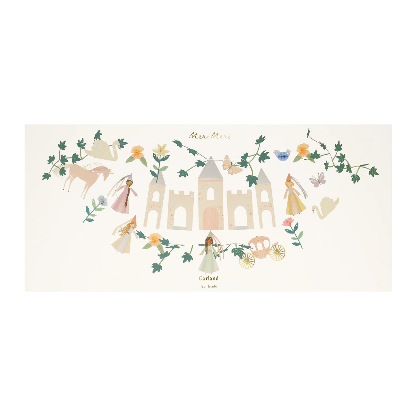 Flat lay of Meri Meri fairytale garland packaging featuring a whimsical castle, princesses, horse, swan, and floral details.