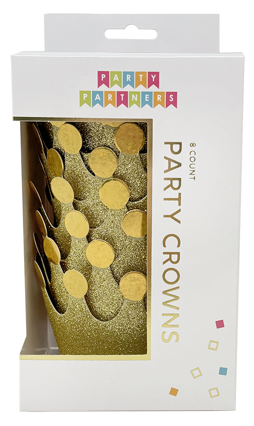 Gold party crowns in a Party Partners packaging with colorful text.
