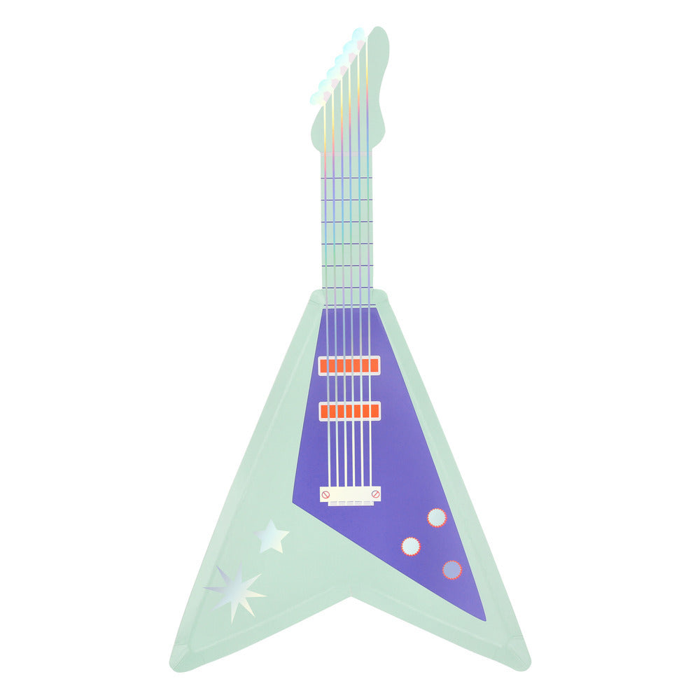 Mint Meri Meri electric guitar shaped party plate with retro star details, available at our Toronto party shop.
