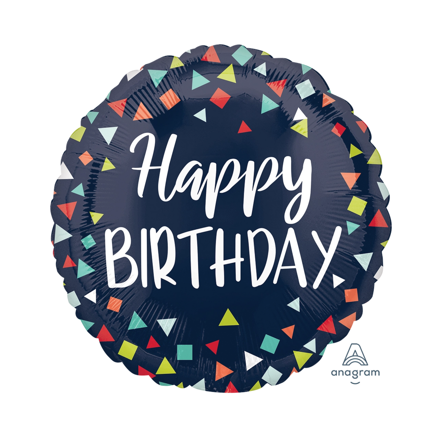 Navy round foil balloon with white ‘Happy Birthday’ lettering and colourful geometric confetti, ideal for birthday parties, available in Toronto and shipping across Canada.
