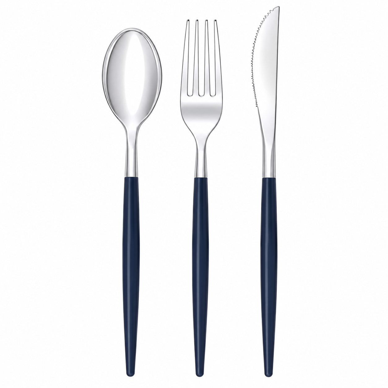NAVY & SILVER REUSABLE CUTLERY SET | 16 FORKS, 8 SPOONS, 8 KNIVES