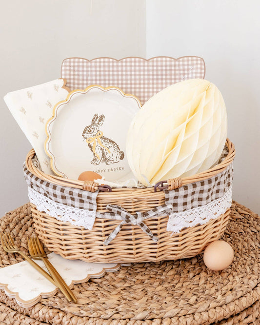 Neutral gingham scalloped paper plates styled in an Easter basket tablescape, sold in Toronto at Confetti My Party