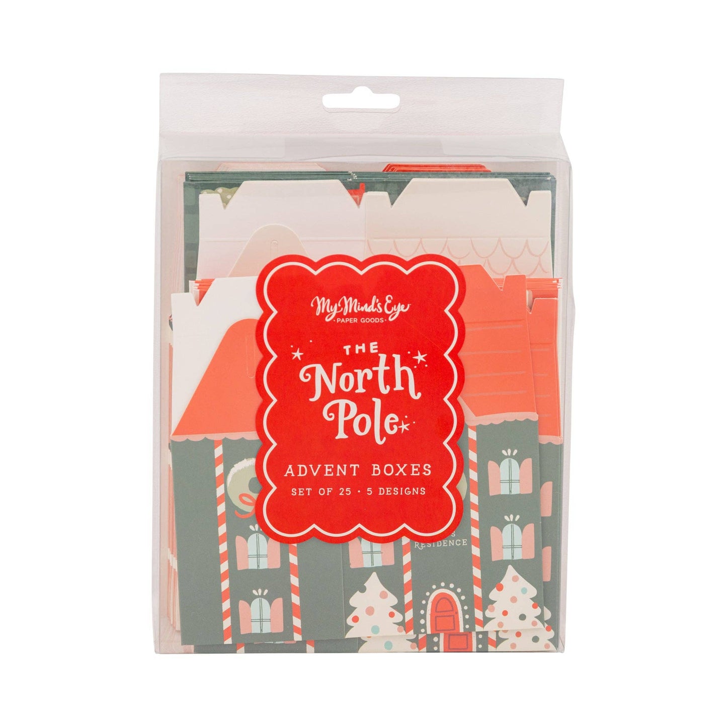 North Pole Advent Boxes set packaging showing red and green holiday house designs, available in Toronto.