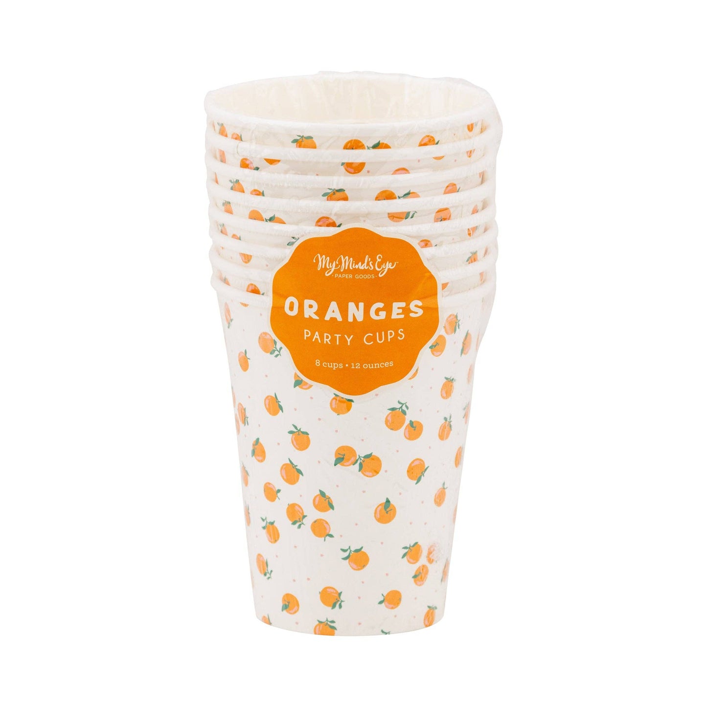 Stack of paper party cups with orange fruit pattern. Pack of 8 sold in Toronto and fast shipping across Canada.