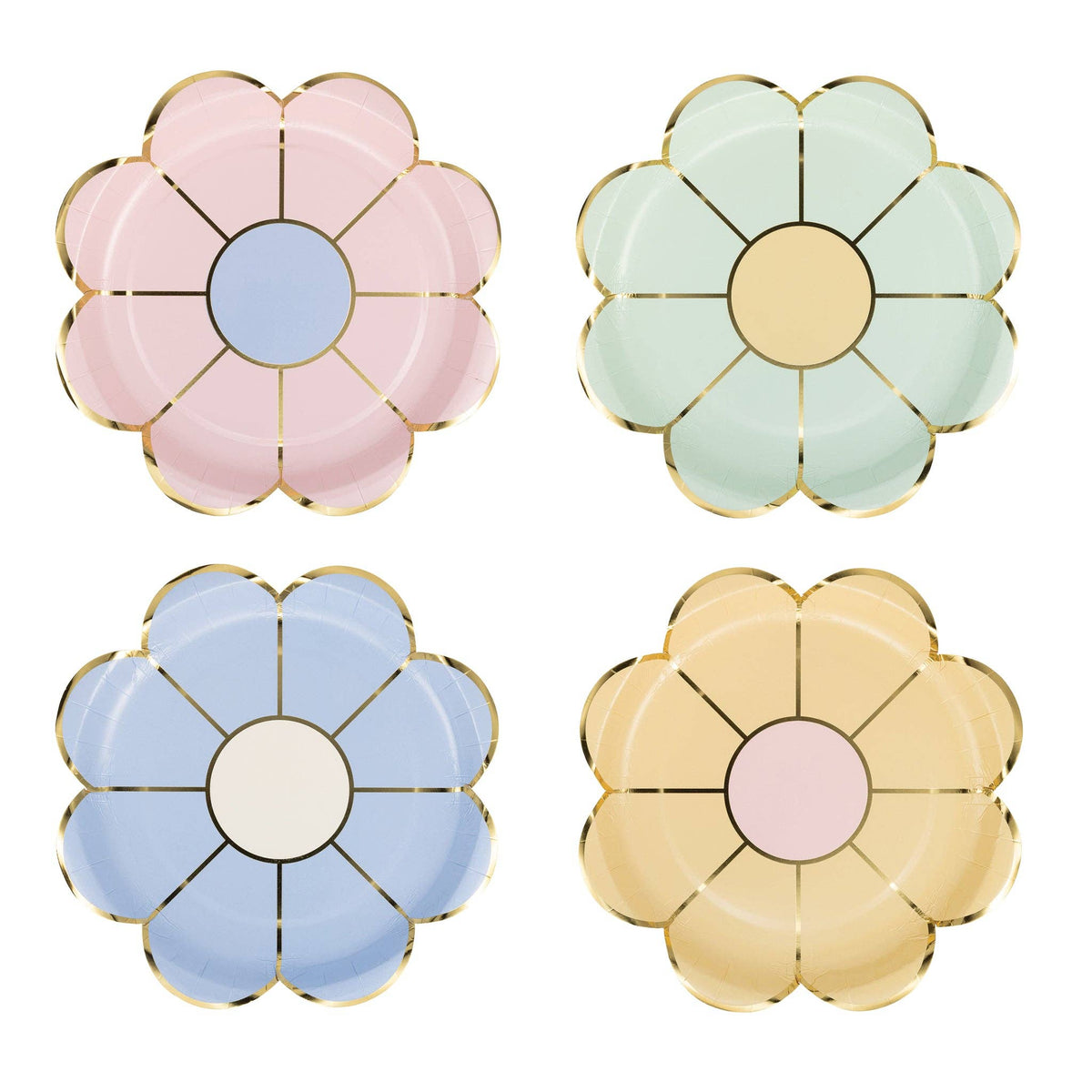 Pastel flower-shaped paper plates in pink, mint, blue and yellow with gold foil accents. Pack of 8. Pick up in Toronto + Canada-wide shipping available.