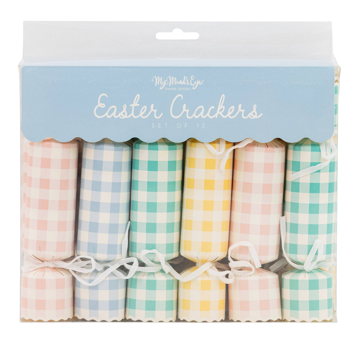 My Mind's Eye pastel gingham Easter crackers in retail packaging, set of 12 in four pastel colours. Pick up in Toronto + Canada-wide shipping available.
