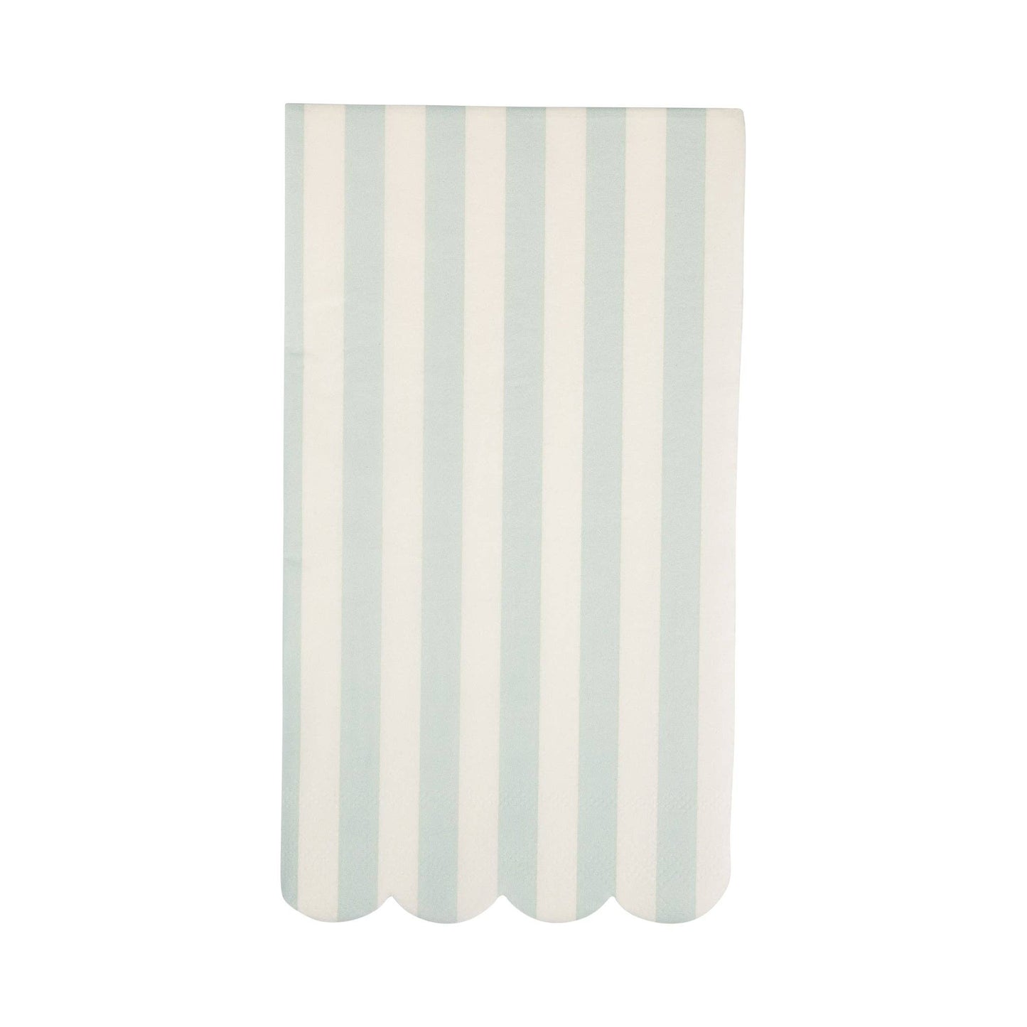 Pastel green and white striped paper guest napkins with scalloped edge.