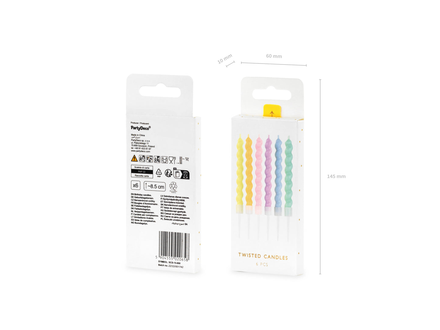 Packaged pastel curly candles in a set of six, sold in Toronto at Confetti My Party. Ships across Canada.