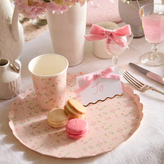 Elegant table setting featuring pastel velvet bow place cards by Meri Meri, sold in Toronto at Confetti My Party.