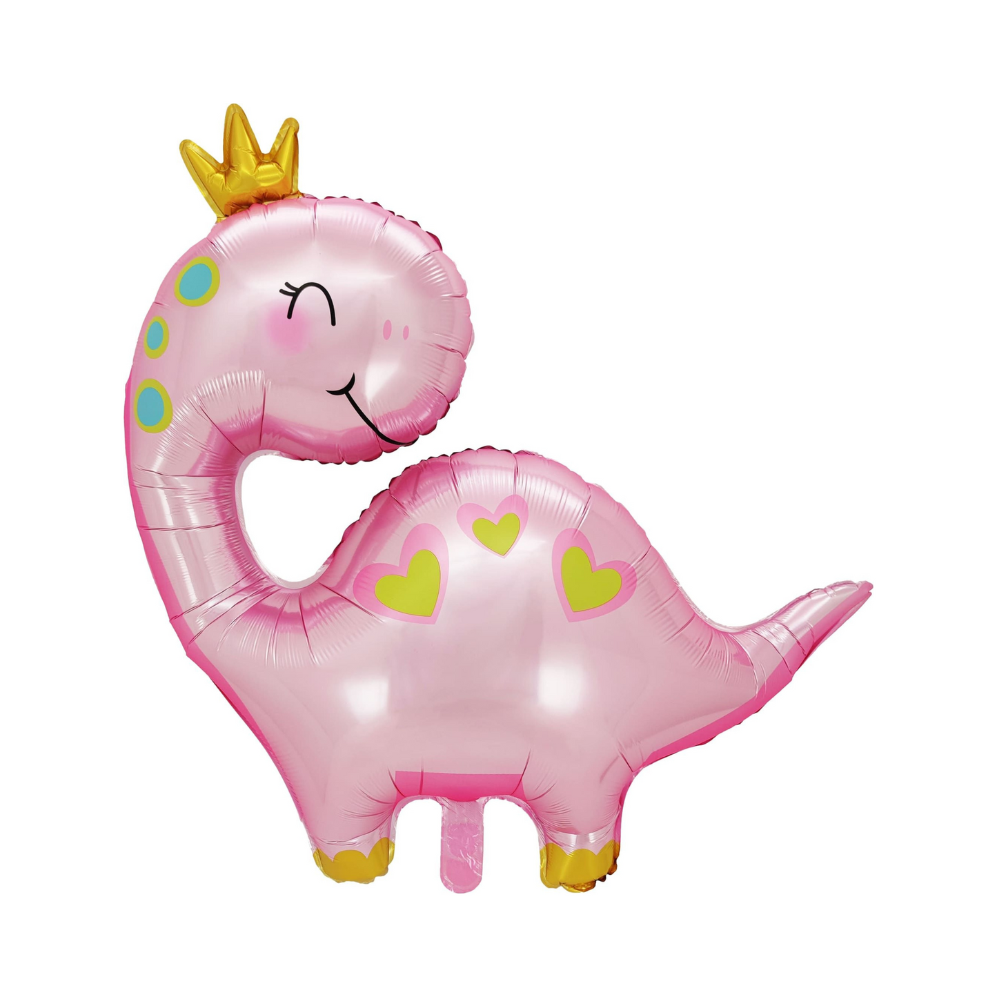 pink dinosaur foil balloon with crown on head and hearts