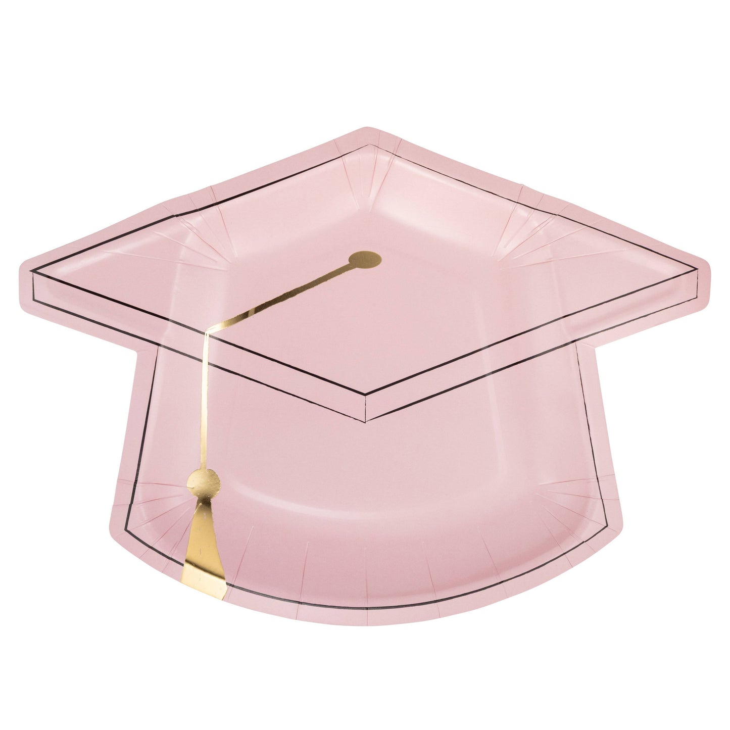 Pink graduation cap–shaped paper plate with gold foil tassel detail
