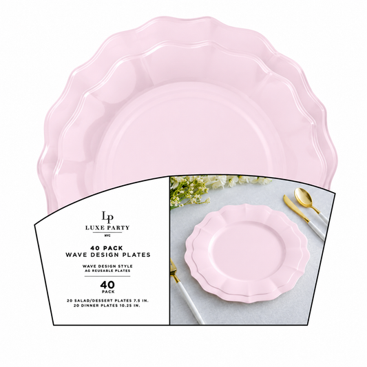 PINK WAVED REUSABLE PLASTIC PLATES | 20 DINNER + 20 DESSERT