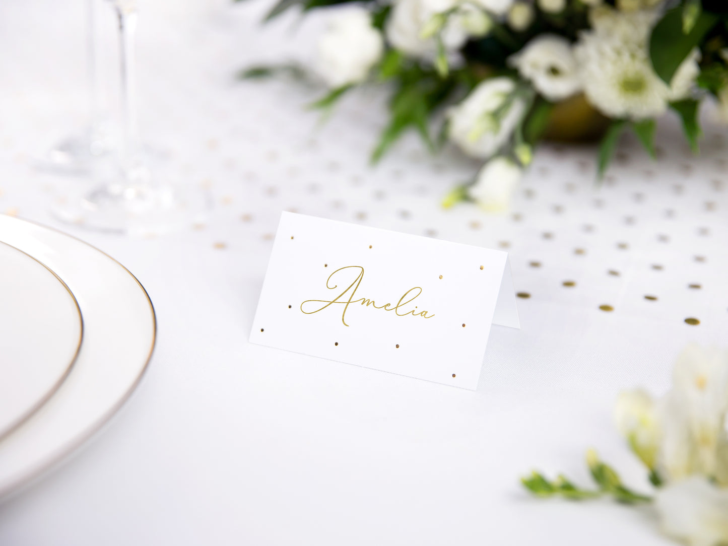 white with gold dots place card