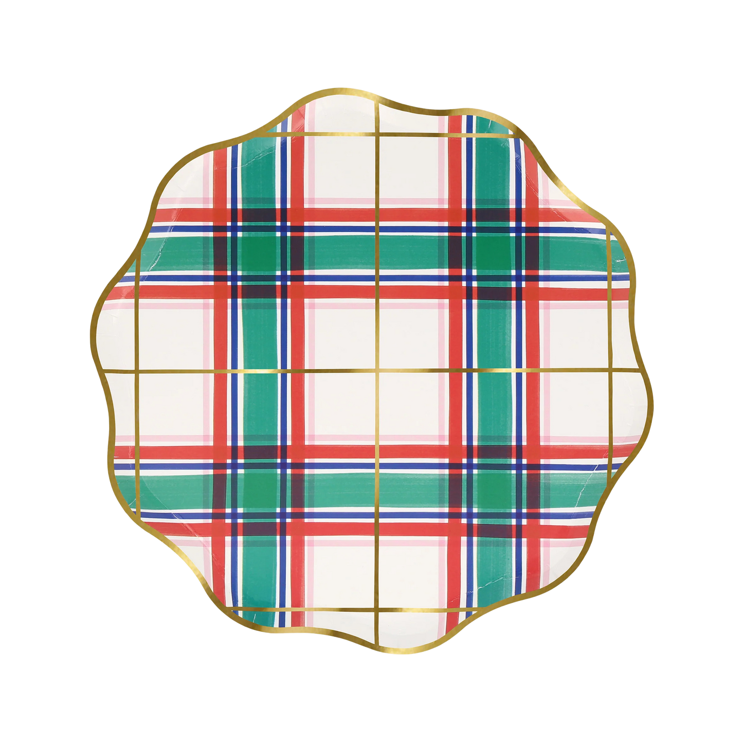 Green and red plaid Meri Meri paper side plates with gold foil detail, styled for festive events in Toronto.