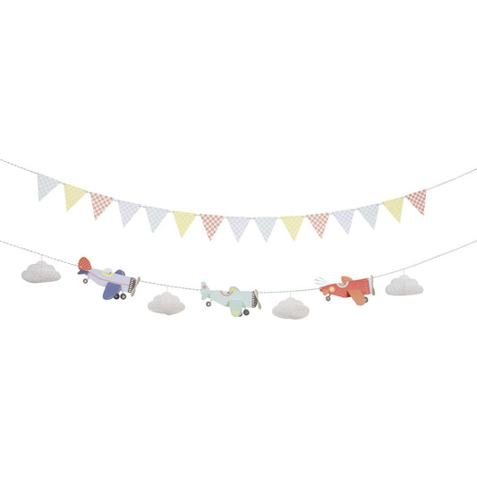 Meri Meri planes garland with pastel airplanes, paper clouds and bunting flags, available at our Toronto party shop.