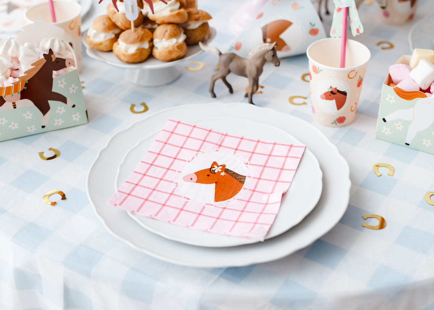 pony themed party supplies including snack boxes, plates, napkins, cup and gold horseshoe confetti. Sold in Toronto and ships Canada wide.