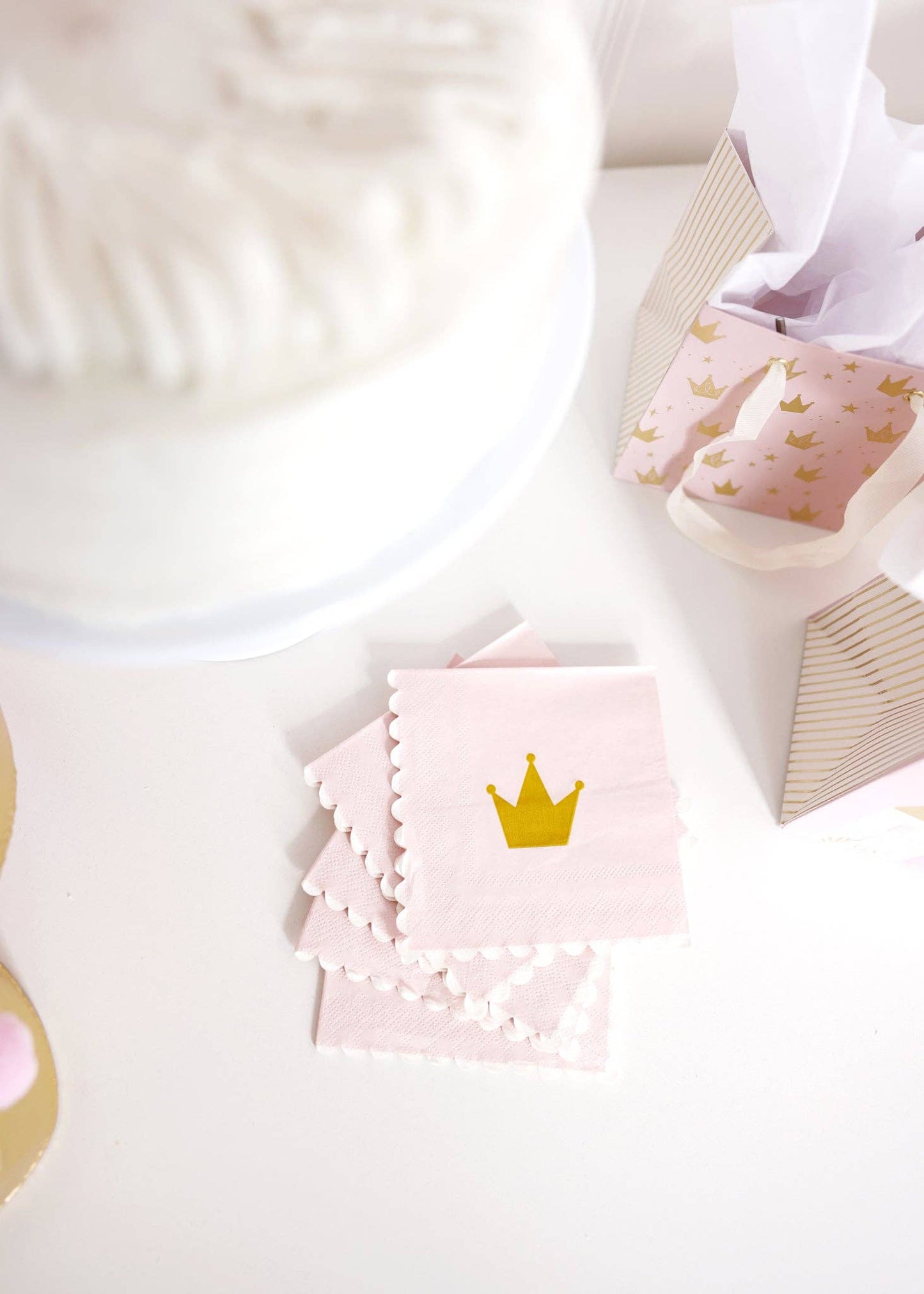 Blush PINK princess crown napkins styled on a party table with gold accents, available in Toronto and shipping across Canada