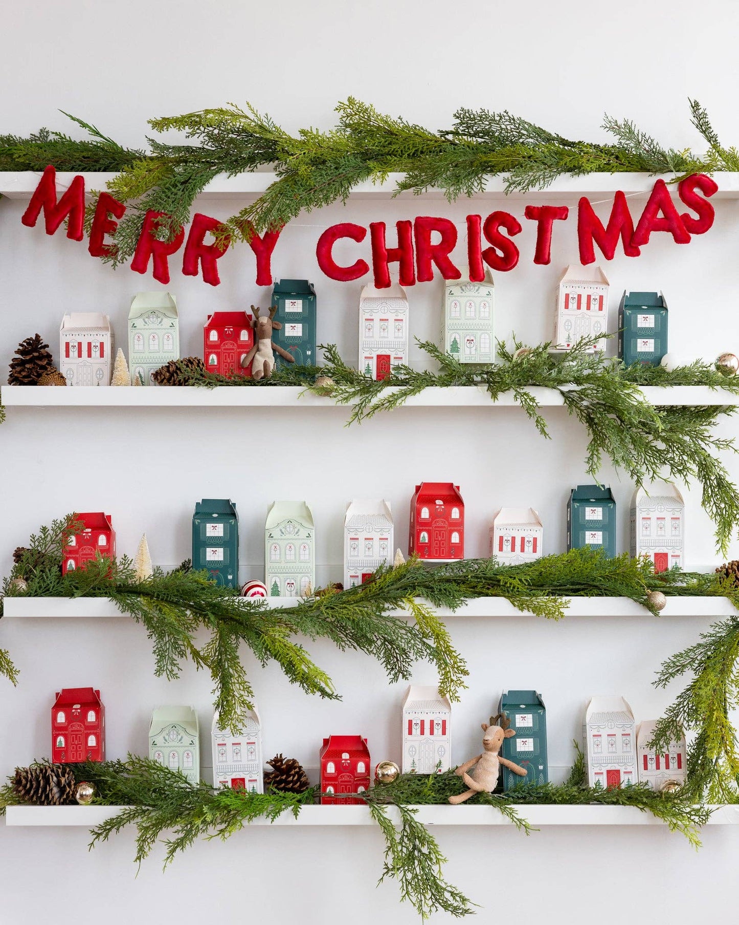 Puffy velvet Merry Christmas banner in red, festive shelf display available in Toronto and shipping across Canada.