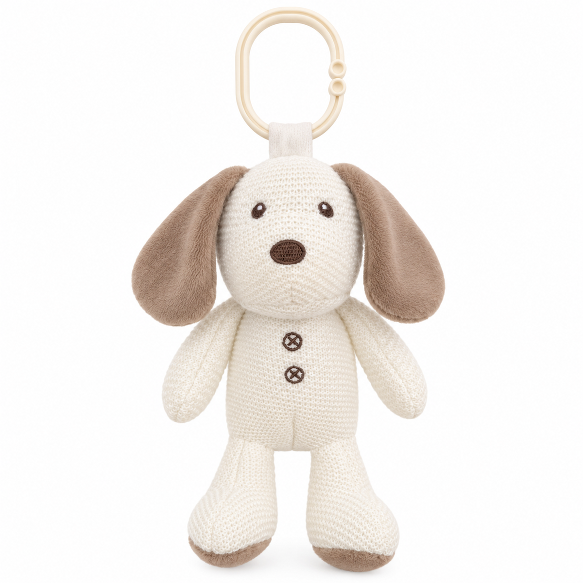 Cream knitted puppy stroller plush toy with floppy taupe ears, embroidered buttons and ivory attachment ring. Pick up in Toronto + Canada-wide shipping available.