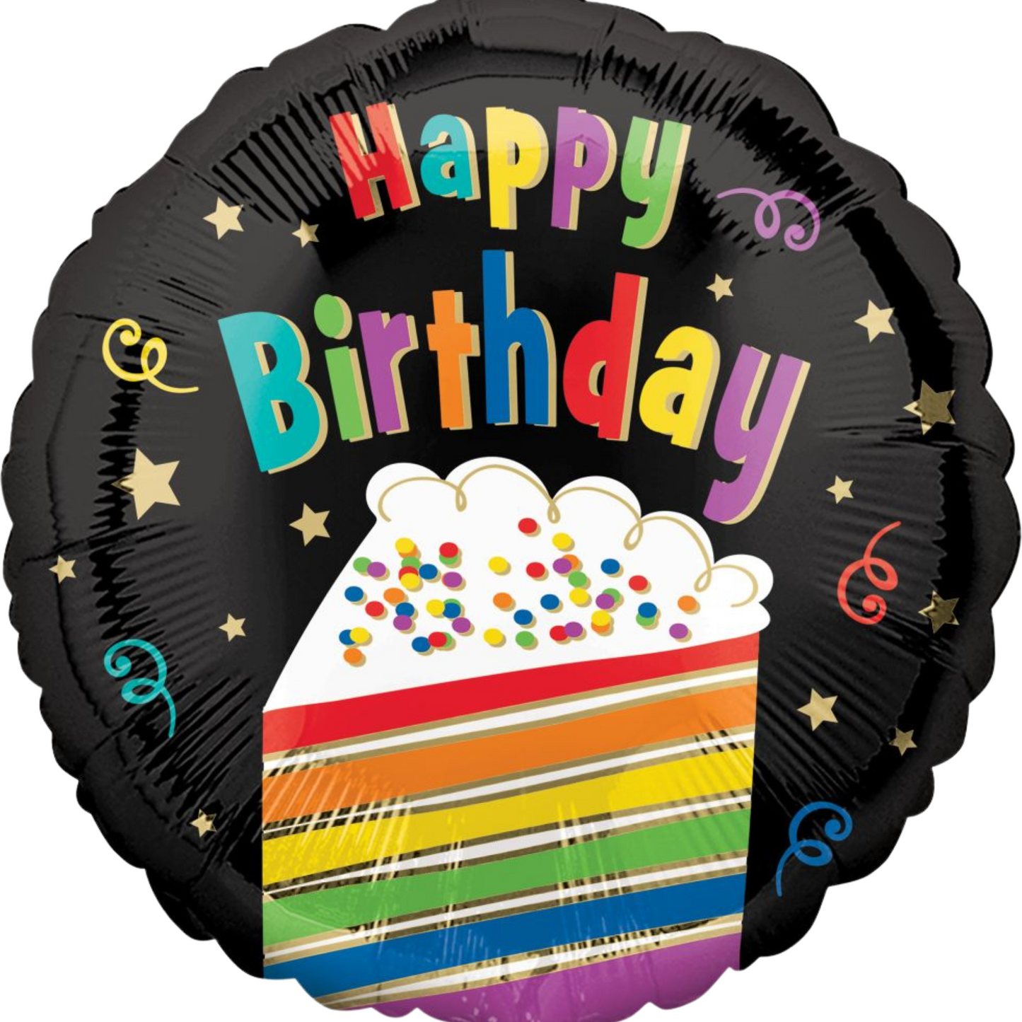 Rainbow cake slice foil balloon with “Happy Birthday” text on black background, perfect for Toronto birthday celebrations.
