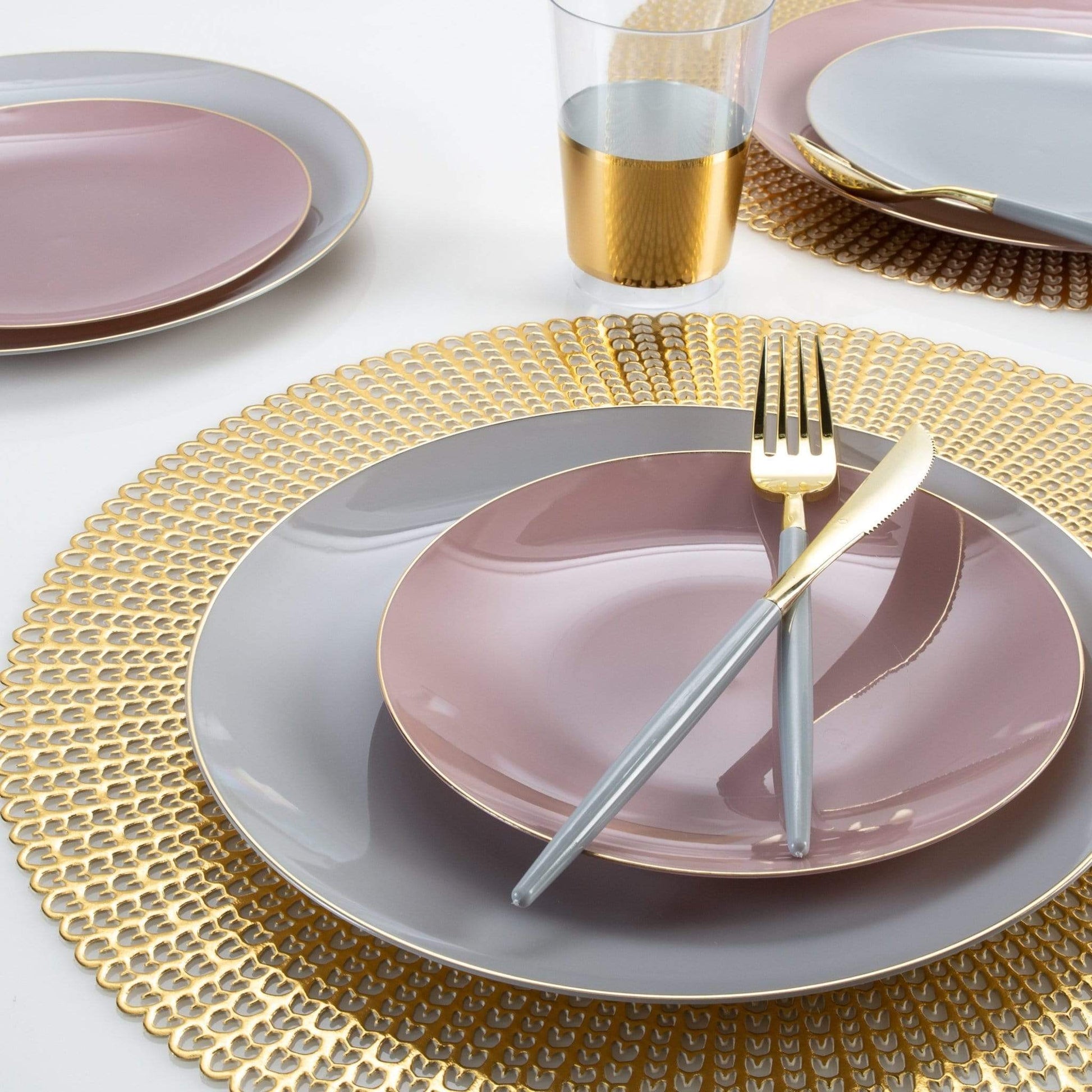 reusable mauve and gold dinner plates - luxe party