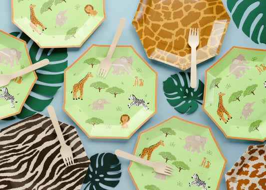 Green safari party plates styled with jungle themed tableware available at our Toronto party shop