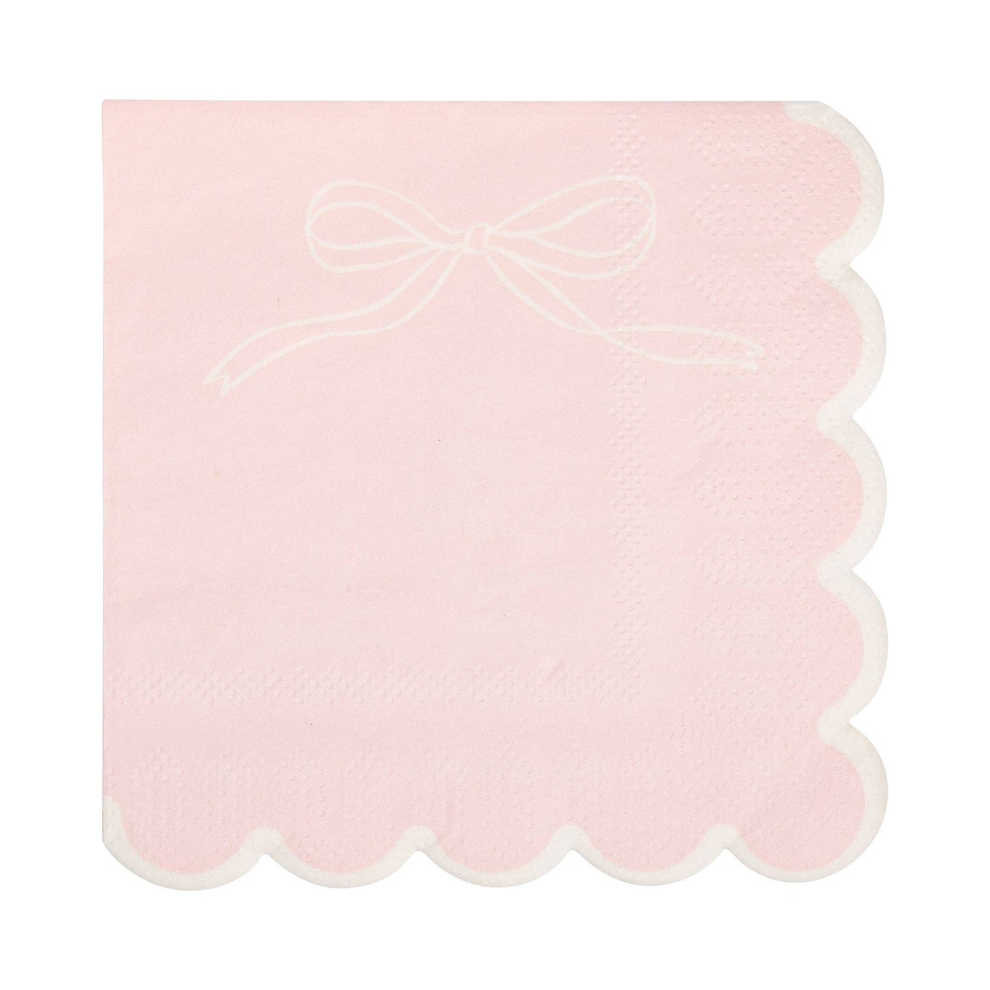 Blush pink cocktail napkin with a subtle white bow design and scalloped edges, available in Toronto at Confetti My Party.